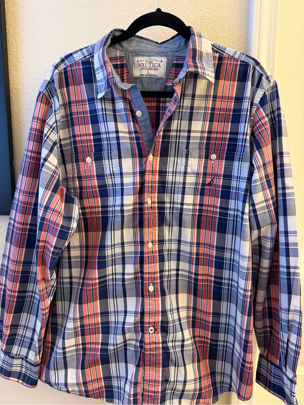 Nautica Men’s Navy, Red & White Plaid Button-Down Shirt